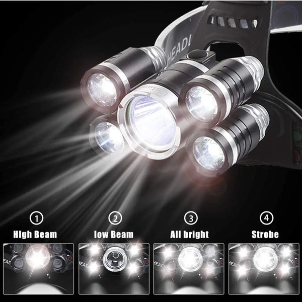 Head Lamp with 5 Light Source and 4 Modes - Waterproof