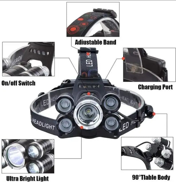 Head Lamp with 5 Light Source and 4 Modes - Waterproof