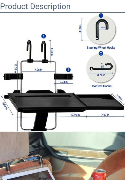 Steering Wheel Tray with Mounting Hooks For Eating inside Car and For Car Desk Office Use